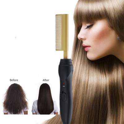 hot pressing comb iron electric Amazon hotsale private label  gold heat press comb copper custom beard hair straightener brush